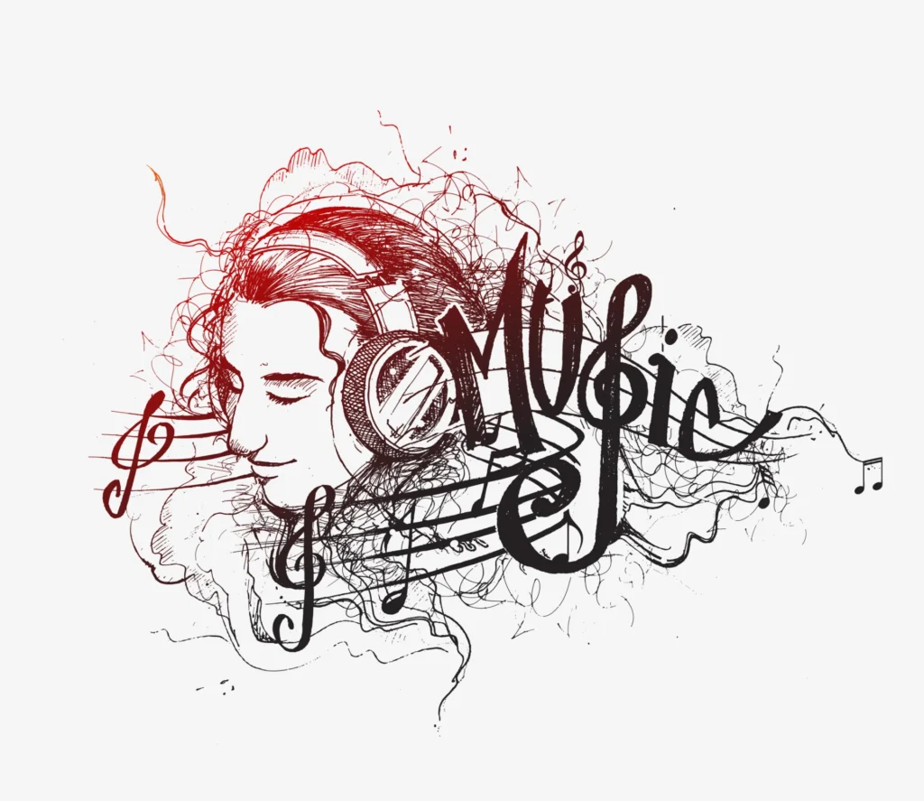 Person with headphones on, surrounded by musical notes and the word "Music" in a stylized font.