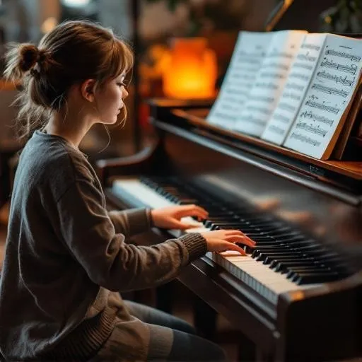 Beginner pianist choosing popular piano sheet music at piano bench