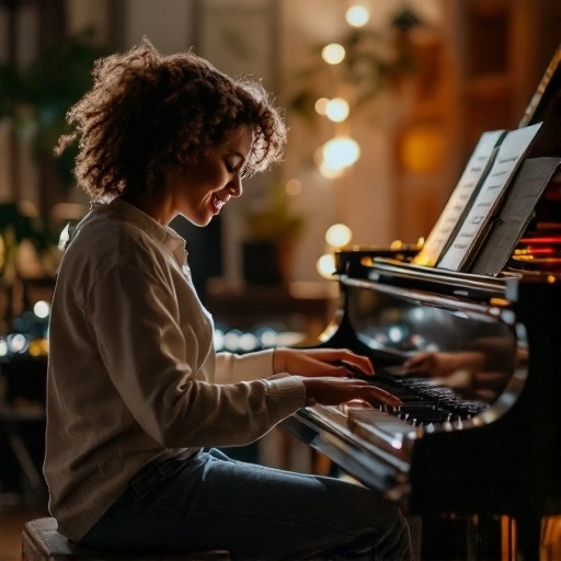 Young pianist learning their first piano song with joy
