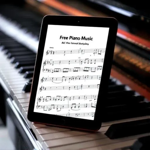 Free piano sheet music displayed on tablet with piano keys in background