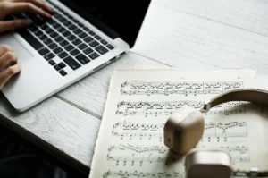Intermediate pianist choosing the right sheet music formats and styles for practice