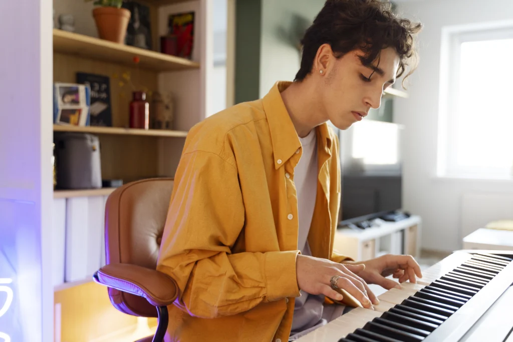 Beginner student practicing the easiest classical song to play on the piano