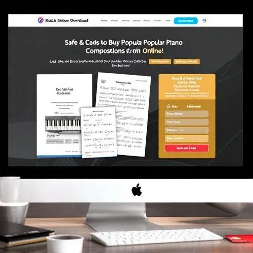 Legal piano sheet music downloads on computer screen with credit card