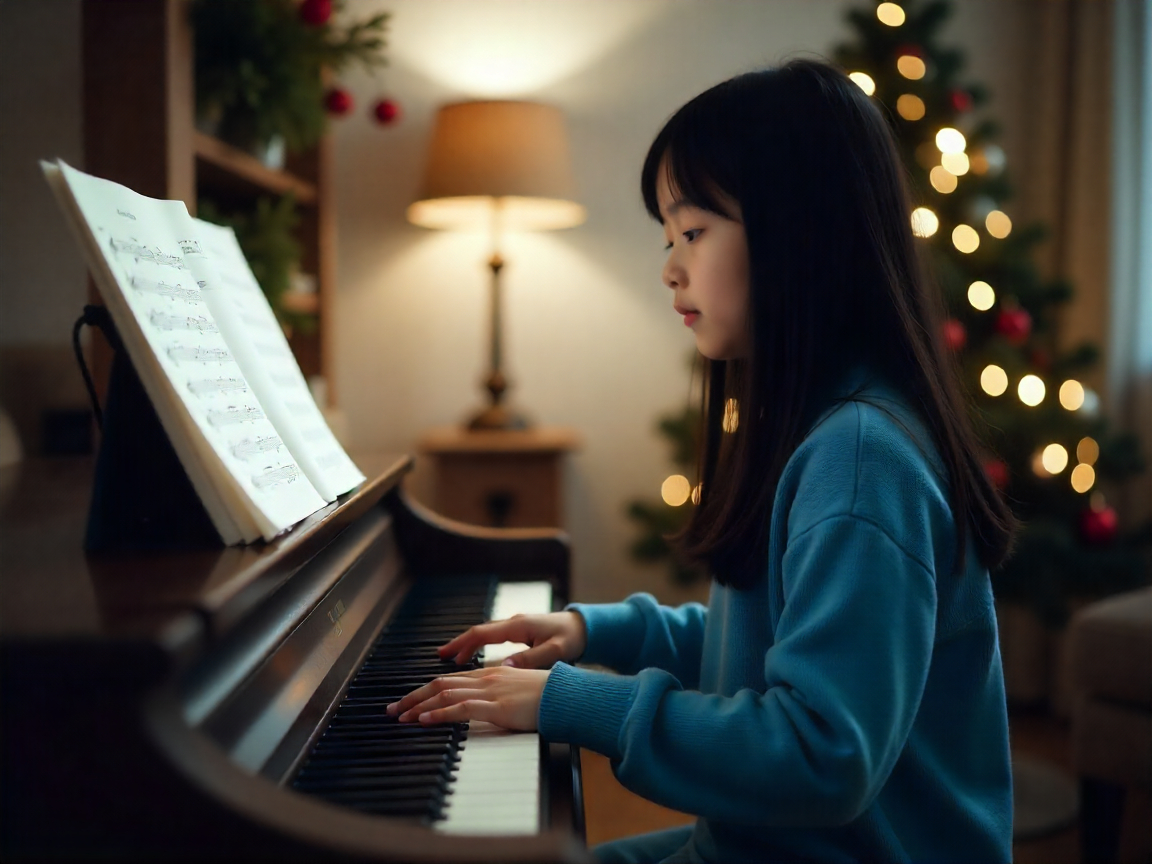 Beginner pianist practicing popular piano songs from sheet music