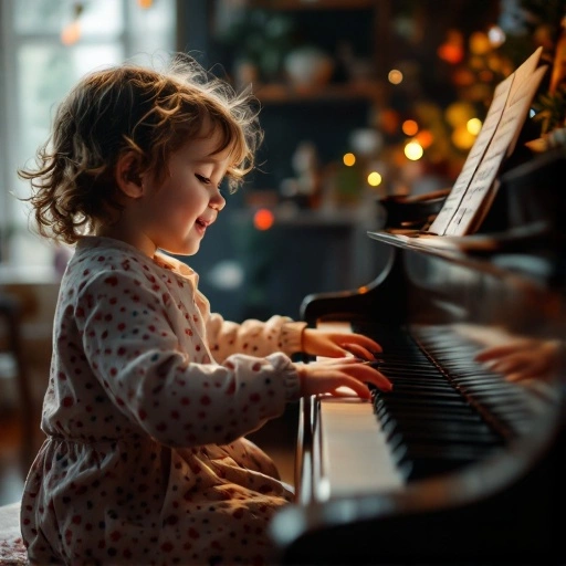 Child playing the number 1 piano song on a grand piano with emotion and focus
