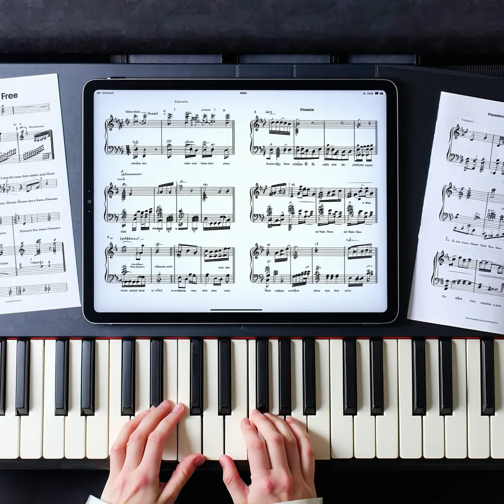 Pianist choosing between free digital downloads and paid piano sheet music books
