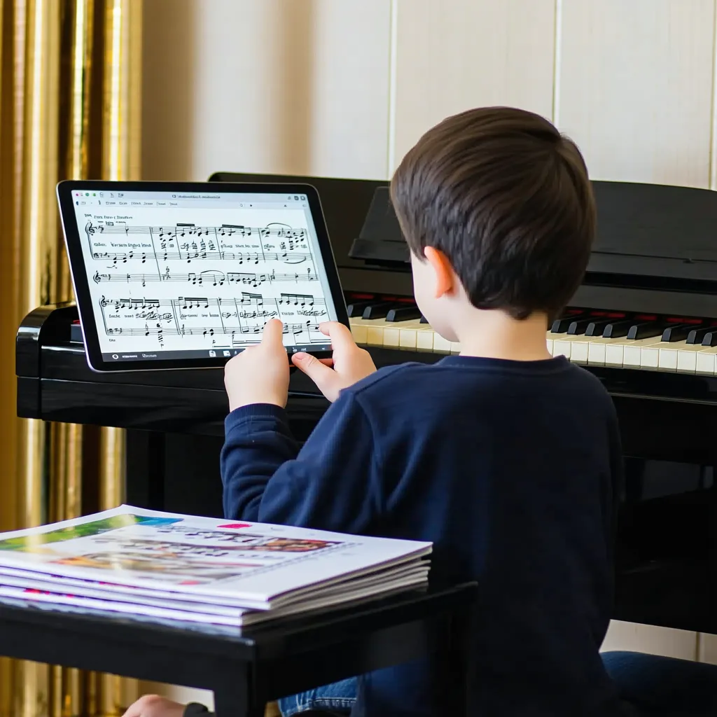 Person learning piano alone using beginner sheet music without teacher guidance