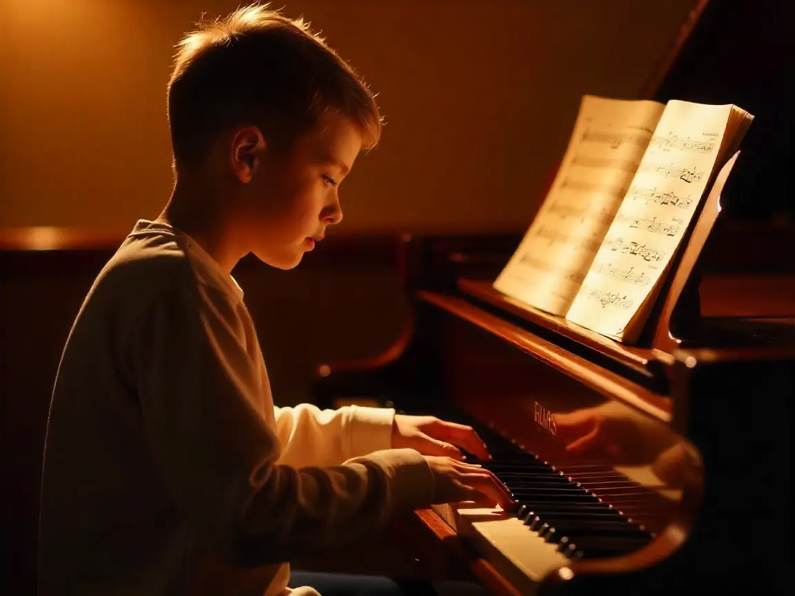 Child playing beginner piano sheet music songs at piano keyboard