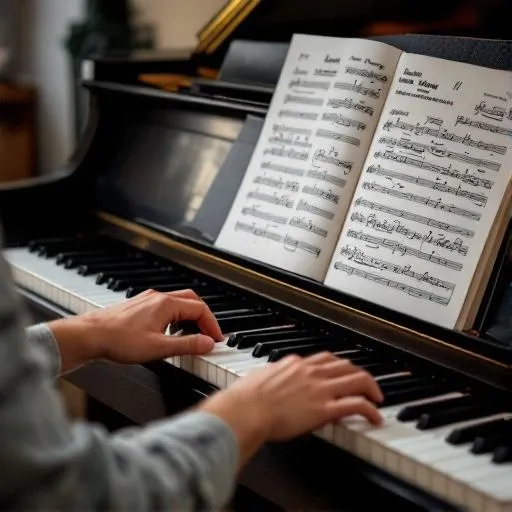 Pianist playing popular piano sheet music during practice and performance