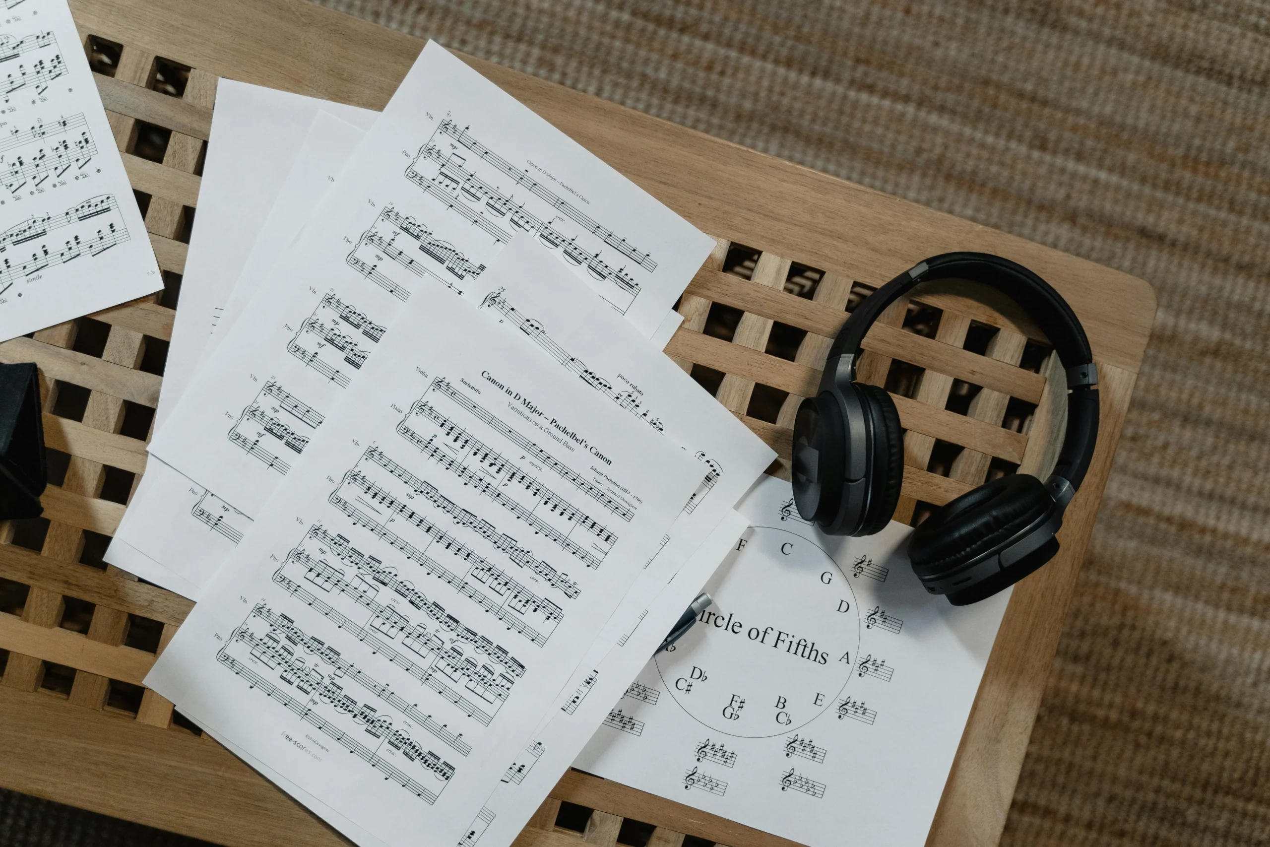 Printable piano sheet music pages spread on piano with hands playing