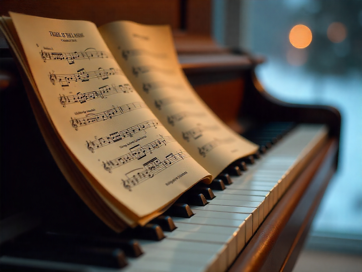 Close-up of classical piano sheet music, highlighting timeless notation and elegant composition