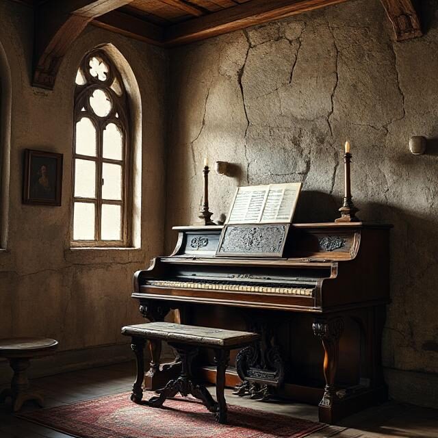 Ornate antique grand piano with bench in a room with a gothic-style window and textured walls.