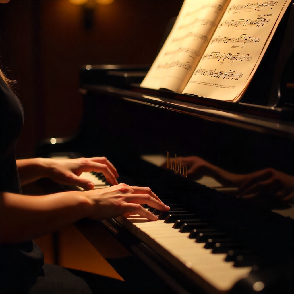 Classical piano sheet music on piano with hands playing
