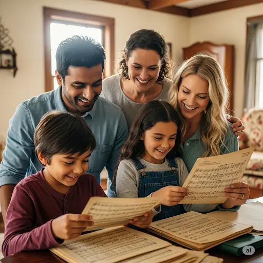 Family finding sheet music together at home
