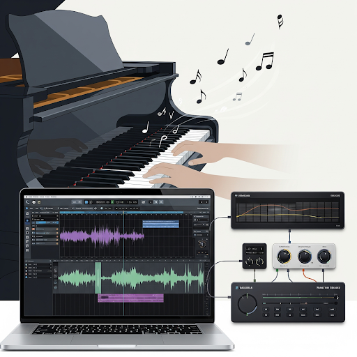 Person converting piano audio to sheet music using transcription software