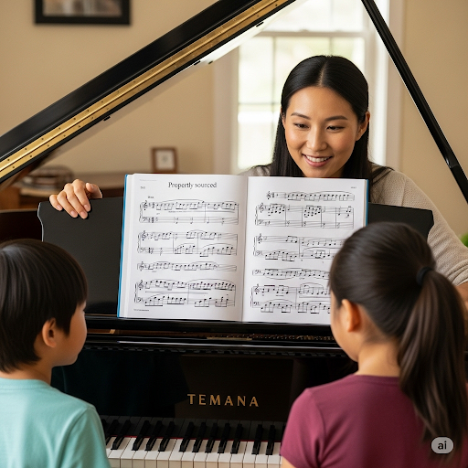 Family sharing legally printing sheet music at piano