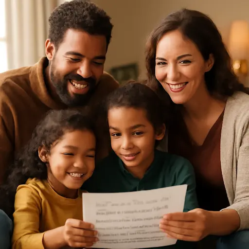 Family gathering around piano with premium sheet music, sharing musical moments