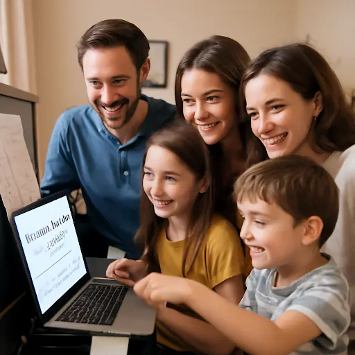 Family exploring free sheet music online at piano together
