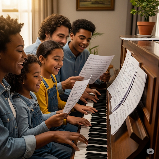 Family playing piano using free piano sheet music from recommended websites