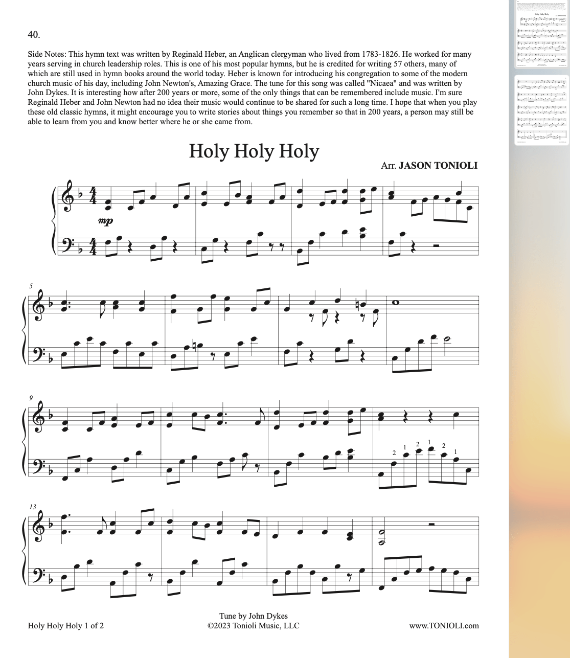 HYMN Sheet Music SAMPLE Holy Holy Holy Hymn Piano Solo Jason Tonioli