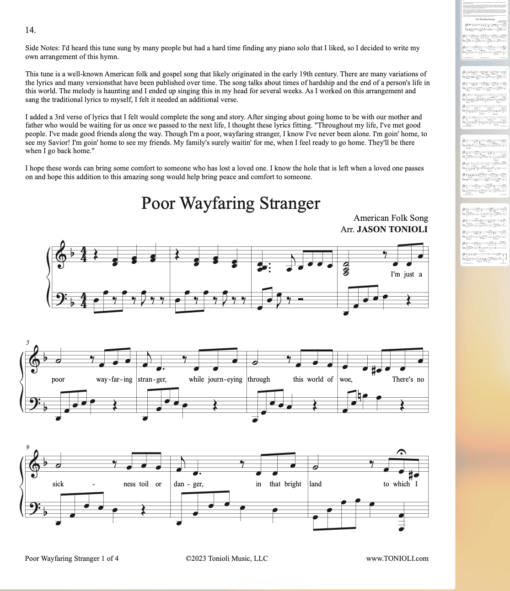 HYMN Sheet Music SAMPLE Poor Wayfaring Stranger Piano Solo Jason Tonioli