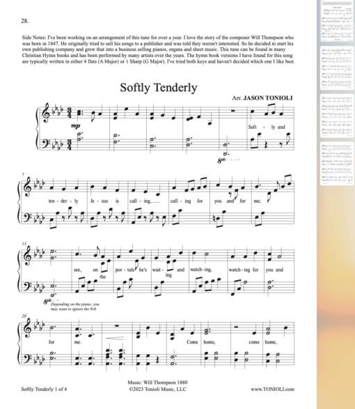 HYMN Sheet Music SAMPLE Softly Tenderly Hymn Piano Solo Jason Tonioli