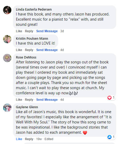 A screenshot of comments from Facebook from happy customers who love Jason Tonioli music and arrangements